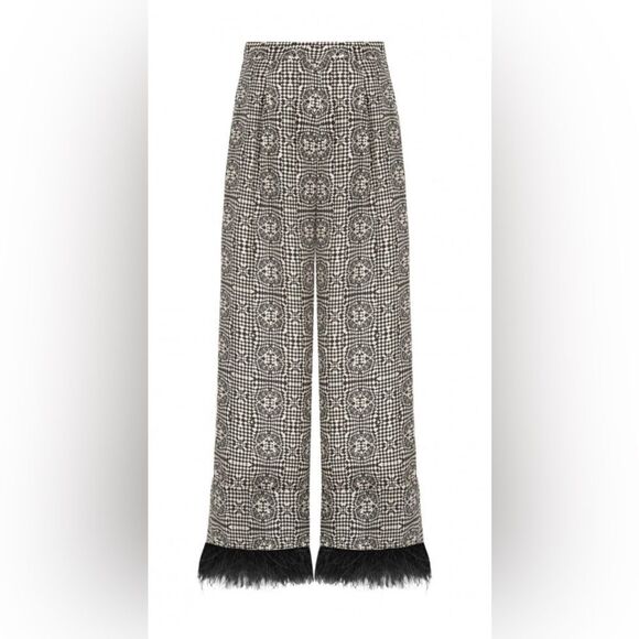 BEATRICE B Italy Women's Wide Leg Ostrich Feather Trim Satin Sheen Pull On Pant - Picture 9 of 9